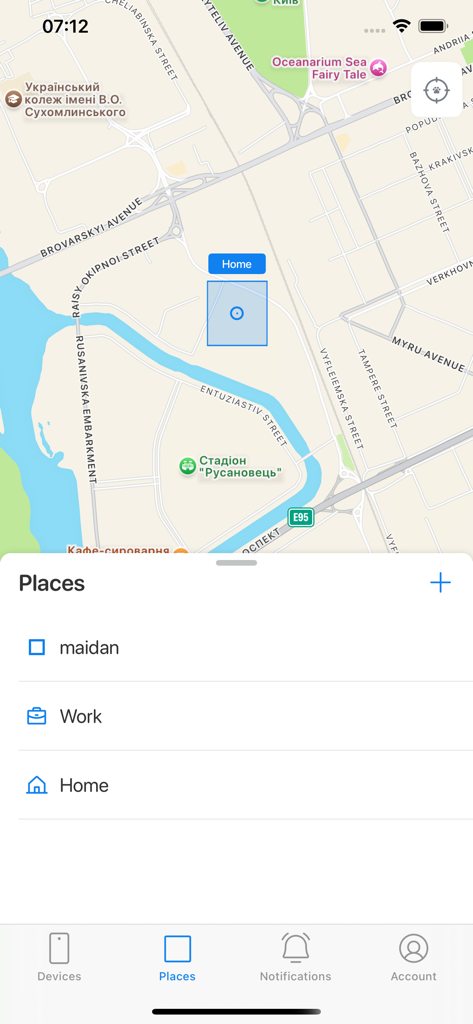 Trackimo + - A map interface in the Trackimo plus app showing a defined geozone area and a list of saved places like home and work.