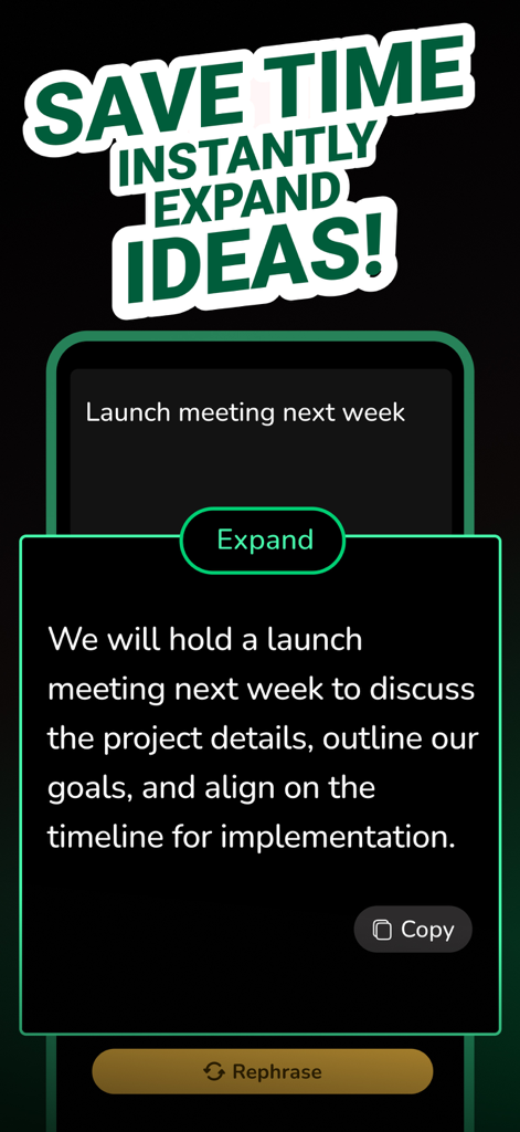 짧은 문장이 전문적이고 자세한 단락으로 확장되는 것을 보여주는 Paraphrase AI 앱의 스크린샷입니다.