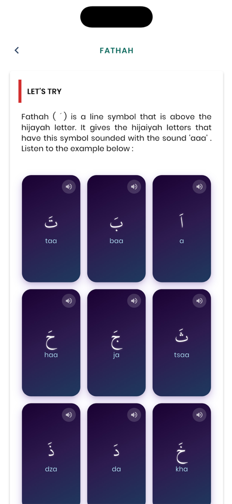 JomTajwid - Educational screen of the JomTajwid app explaining the Fathah vowel with a grid of Arabic letters and audio playback buttons