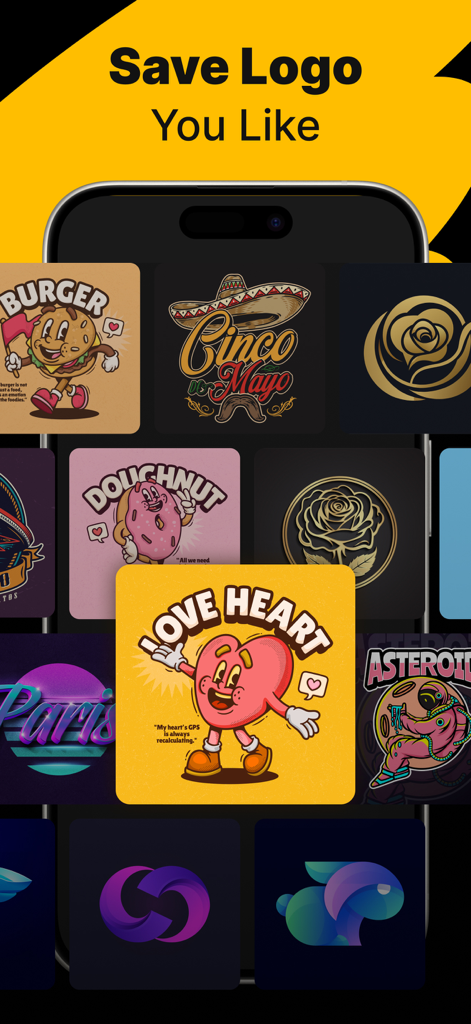 Logo Maker - AI Art Design - Una galería de diversos diseños de logos generados por IA mostrados en un smartphone