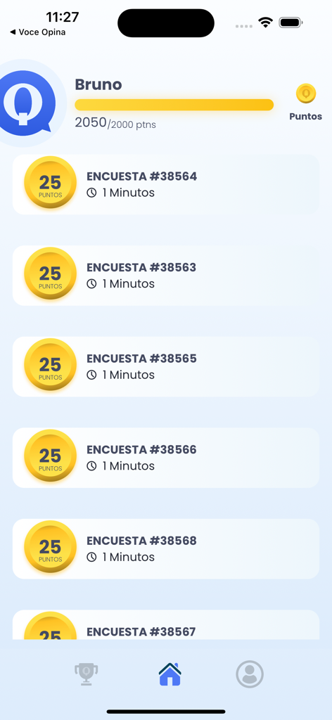 Que Opinas - Panel de la aplicación Que Opinas que muestra las encuestas disponibles con valores en puntos y tiempo estimado.