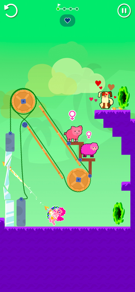 Love Archer 3D - Cupid character aiming a love arrow at animals in a physics based puzzle level with colorful graphics