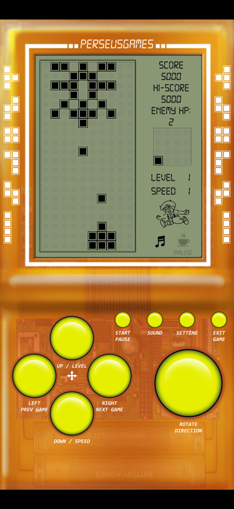 Brick Game - Retro Games - Un écran mobile montrant une interface de console de poche rétro avec un gameplay de tir pixelisé et des boutons jaunes