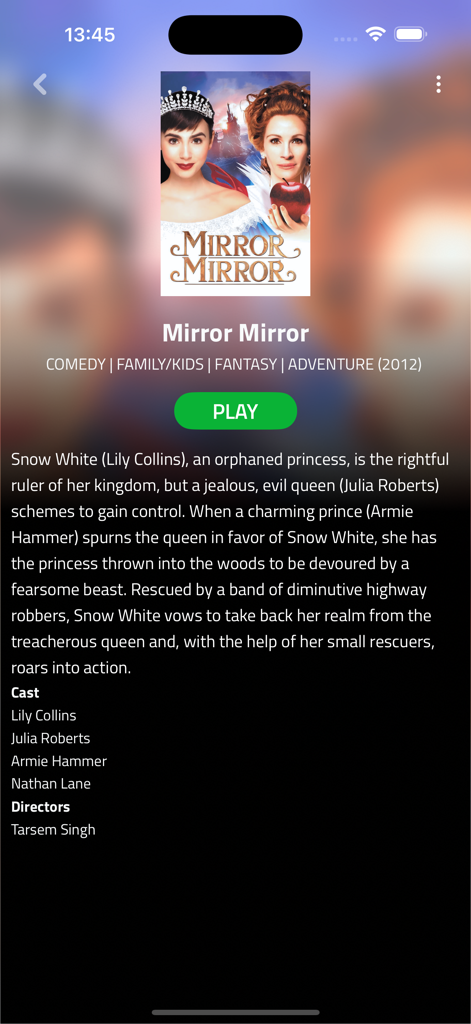 Christmas Plus - Interface of the Christmas Plus app showing movie details for Mirror Mirror with a green play button and film description.
