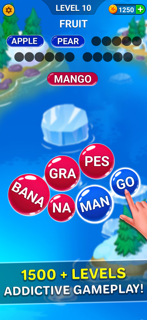 Una interfaz de juego móvil de Word Pearls que muestra un rompecabezas de palabras con temática frutal con burbujas de colores y progreso de nivel