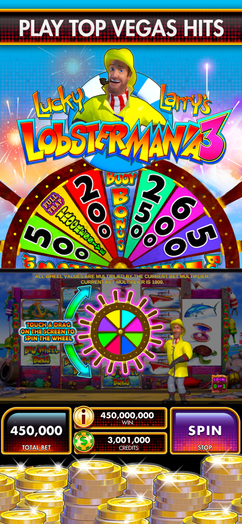 Slots DoubleDown Fort Knox - Juego de tragamonedas Lucky Larry Lobstermania 3 con una gran rueda de premios colorida y el personaje del pescador