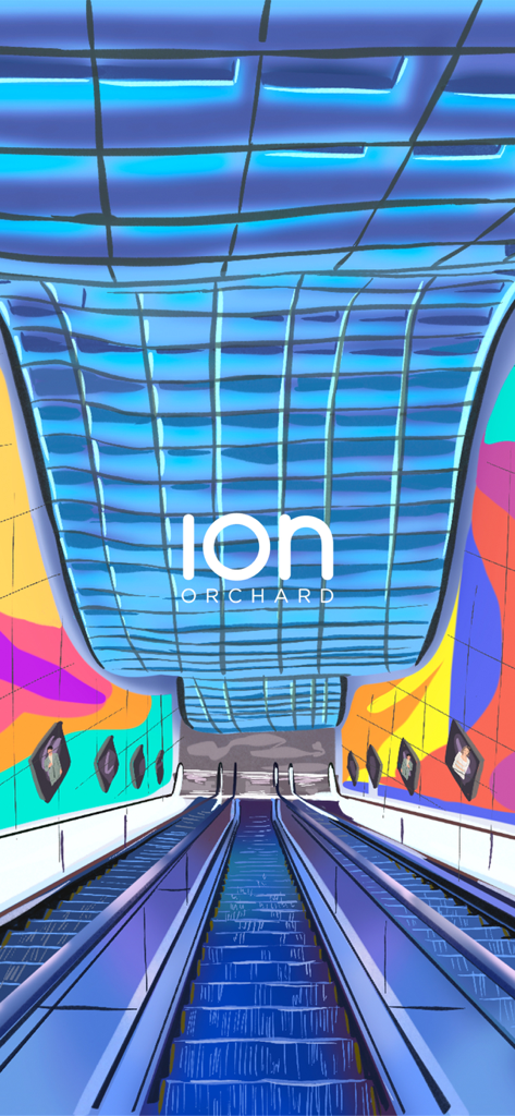 ION Orchard - Artistic illustration of an escalator and the iconic glass architecture of ION Orchard luxury mall