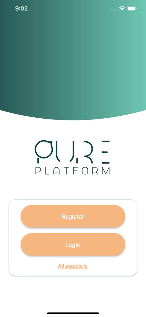 Pure Platform - Pure Platform app home screen featuring the logo and buttons for register and login