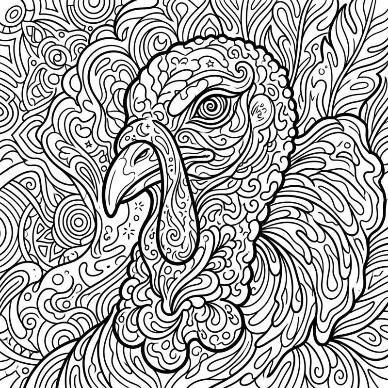 Experience a unique artistic journey with this psychedelic turkey head coloring page, featuring mesmerizing patterns and a trippy design. It's an intricate, engaging template perfect for coloring enthusiasts seeking a creative challenge.