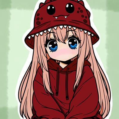 girl with anime shaped eyes with a dinosaur bucket hat oversized sweatshirt long straight hair