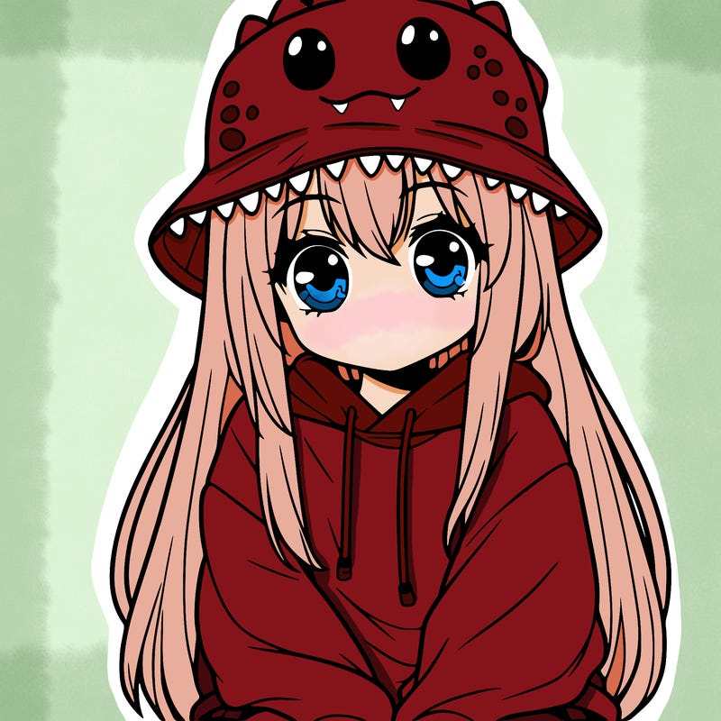 girl with anime shaped eyes with a dinosaur bucket hat oversized sweatshirt long straight hair