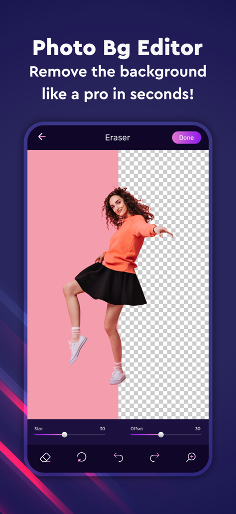 Photo to Video Maker With Song - A screenshot of the Pixpoz app showing a woman having her photo background removed by the AI background eraser tool.