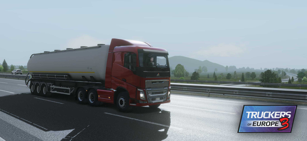 A red truck pulling a white tanker trailer on an open highway in Truckers of Europe 3
