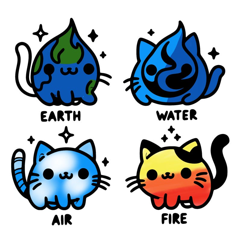 4 cats that represent the different elements, earth, water, air, and fire
