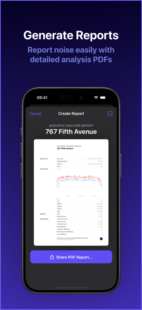 A mobile interface of the Decibel dB Sound Meter Ultra app displaying a detailed acoustic analysis report with sound level charts and data for a specific location.