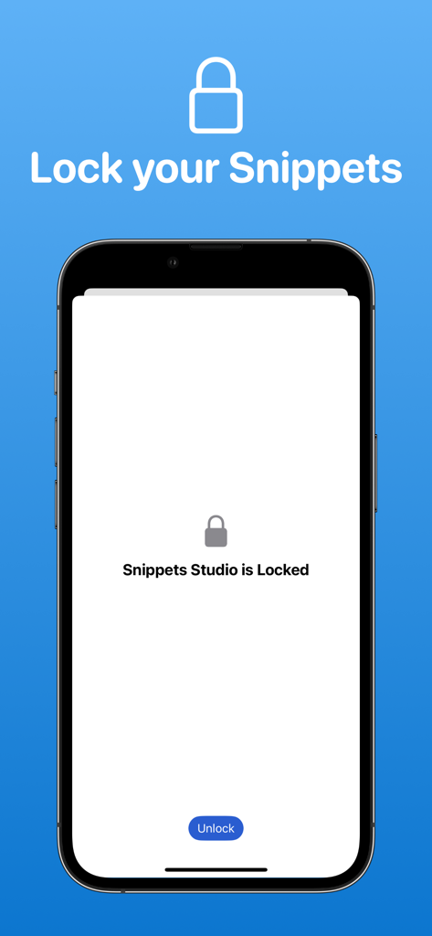 Snippets Studio - Um smartphone mostrando a tela de bloqueio do aplicativo Snippets Studio com um botão para desbloquear o acesso aos trechos de código salvos