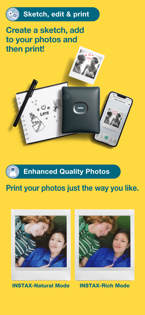 Infografik, die die Sketch-Bearbeitungsfunktion des INSTAX SQUARE Link zeigt und einen Vergleich zwischen natürlichen und satten Fotodruckmodi.