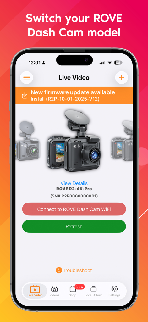 Rove Dash Cam - Rove Dash Cam app screen showing firmware update alert and camera model selection