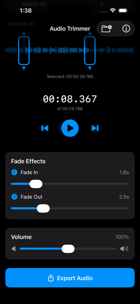 Audio Trimmer Plus - Audio Trimmer Plus editing screen with waveform and fade controls