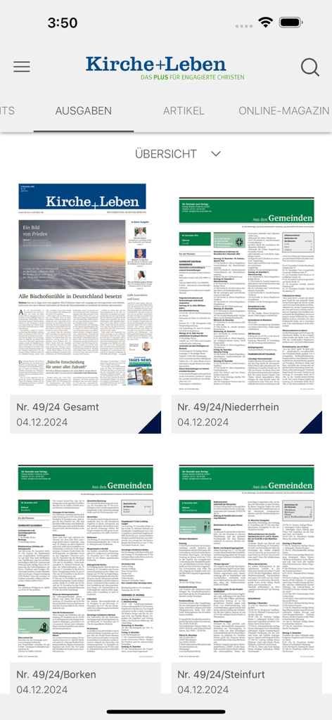 Kirche+Leben E-Paper - Screenshot der Kirche+Leben E-Paper App mit den verfügbaren Zeitungsausgaben