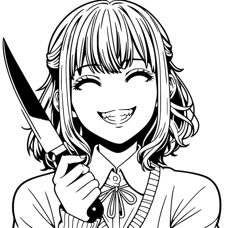 a realistic girl with knife and grining