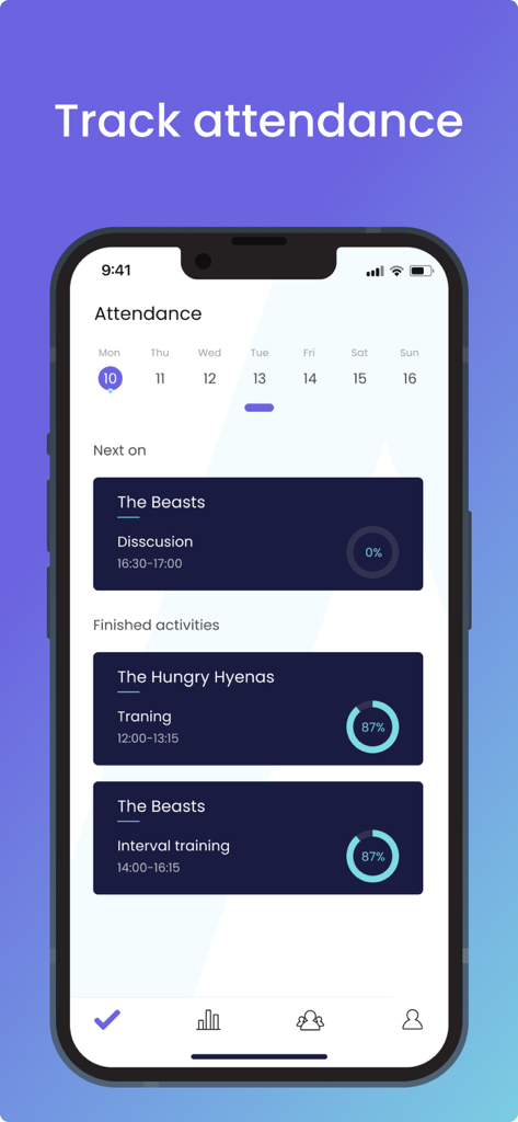 Practice Attendance Tracker app dashboard showing a weekly schedule and sports team activity logs
