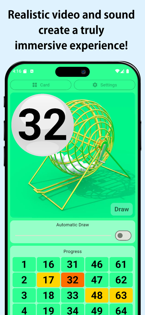Simulador de jaula de bingo digital que muestra el número sorteado 32 y una cuadrícula de progreso