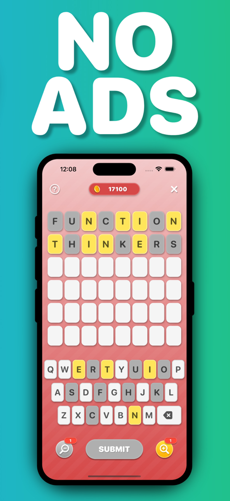 Word Puzzle: No Ads, No Wifi! - A mobile phone displaying a word puzzle game with an eight letter word challenge and a large No Ads banner.