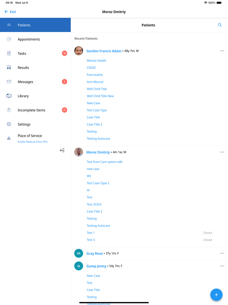 Profile hCare - Profile hCare iPad interface displaying a list of recent patients and clinical navigation menu for home care providers.
