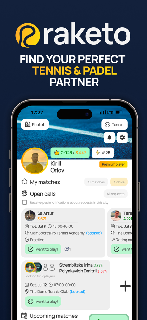 Raketo - Interfaccia dell'app mobile Raketo che mostra profili dei giocatori e chiamate di partite aperte per tennis e padel