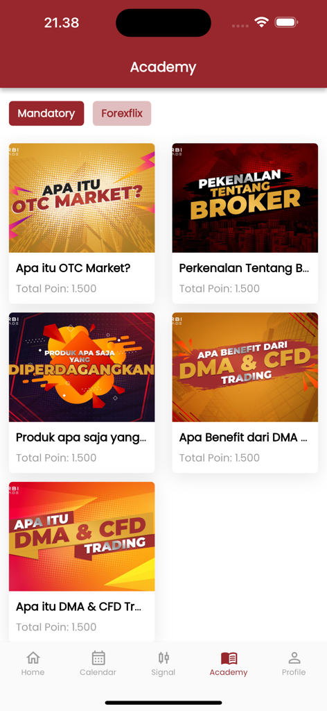Orbi Trade App - Orbi Trade App Academy screen displaying several educational trading modules and points