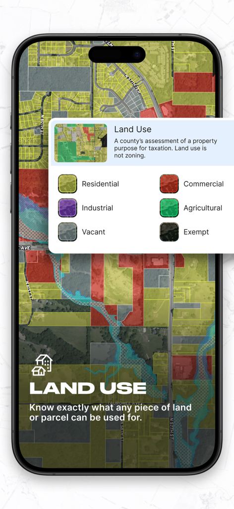 A mobile screen from the Land id app showing a color-coded map of property parcels categorized by land use such as residential, commercial, and industrial.