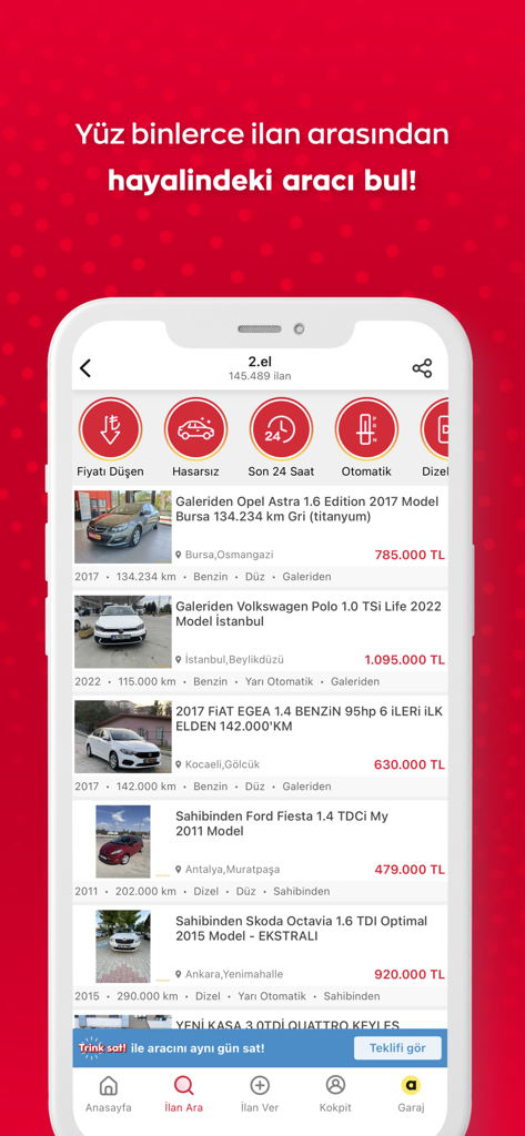 Search results page of the arabam.com app displaying various used car listings with photos and prices in Turkish