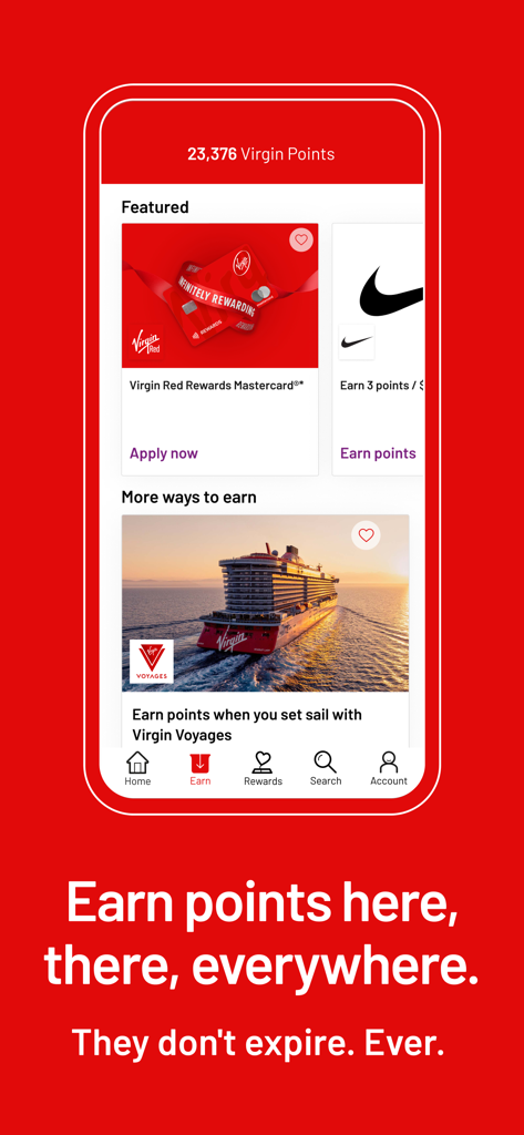 Virgin Red app interface showing total points and various ways to earn rewards like cruises and credit cards