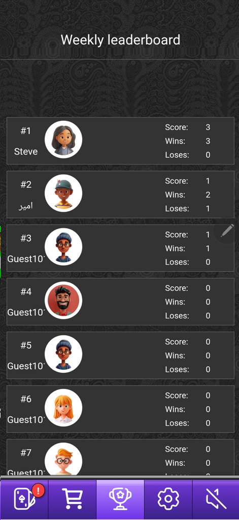 Hokm Online - حکم آنلاین - Weekly leaderboard showing player rankings in the Hokm Online card game app