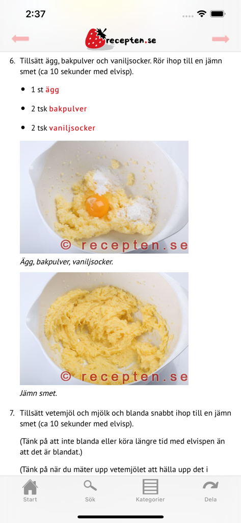 recepten.se - Mobile screen showing step by step cooking instructions with ingredients list and preparation photos in the recepten.se app.