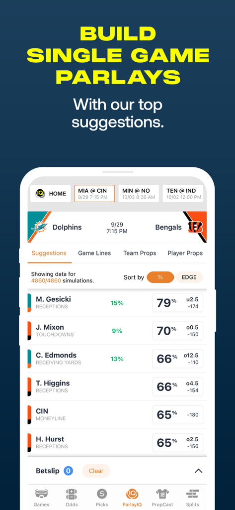 Mobile app interface of ParlayIQ showing data-driven single game parlay suggestions for an NFL game including player props and simulation percentages.