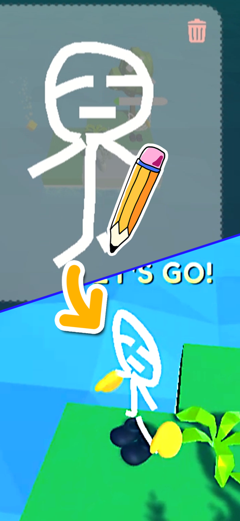 Idle Draw Earth-Fun life games - A drawing of a stick figure coming to life as an animated character in a 3D world