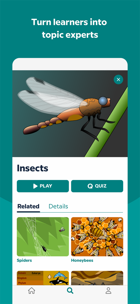 BrainPOP - BrainPOPモバイルアプリのインターフェース。トンボのイラストとクイズボタンが表示された、昆虫に関するレッスンが表示されています。