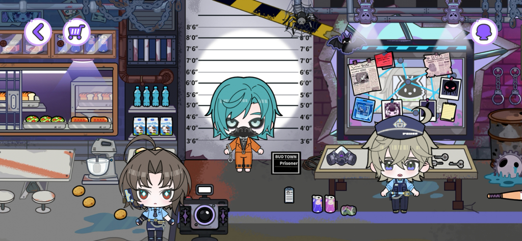 BUD Town - Una escena de comisaría en BUD Town con personajes chibi vestidos como un prisionero y oficiales de policía