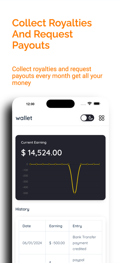 Mobile app screen showing music royalty earnings and payout history in a digital wallet