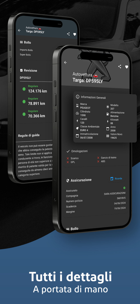 TargApp - Visura targa - Two smartphones displaying TargApp mobile interface with detailed car specifications insurance status and inspection history