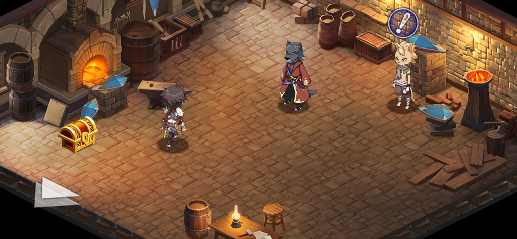 Evertale - Captura de pantalla de jugabilidad de Evertale mostrando un personaje en una herrería con un cofre del tesoro y PNJ de misión.