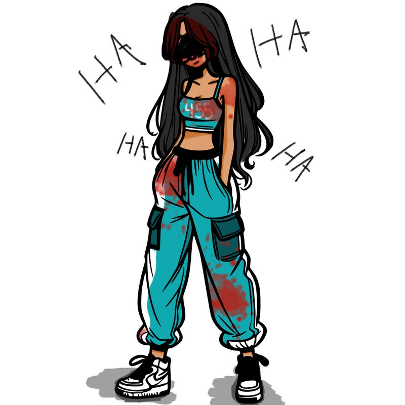 girl in baggy pants crop top and long hair