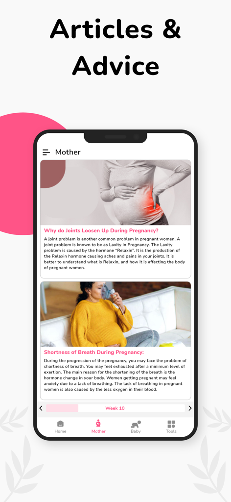 Interface of the Pregnancy Tracker app showing informative articles about pregnancy health and symptoms