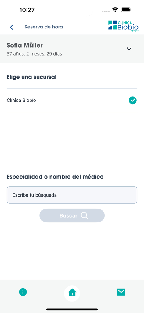 Clínica Biobío - Medical appointment booking screen in the Clinica Biobio app showing a doctor search field and branch selection.