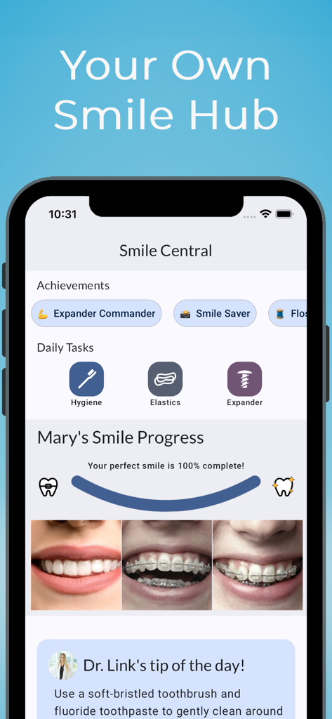 Braces Tracker - Braces Tracker app dashboard showing smile progress photos and daily dental tasks