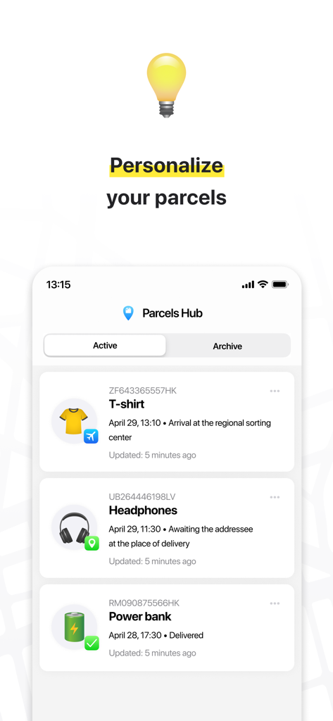 Package tracker: Parcels Hub - Mobile app interface of Parcels Hub showing active tracking for personalized packages like clothing and electronics