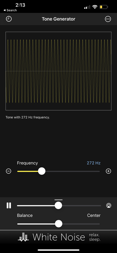 Tone Generator app interface showing a 272 Hz sine wave and frequency slider.