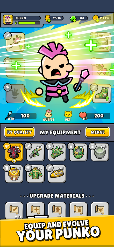 Punko.io: Tower Defense TD - O menu de equipamento e evolução de herói no jogo de defesa de torre Punko.io.